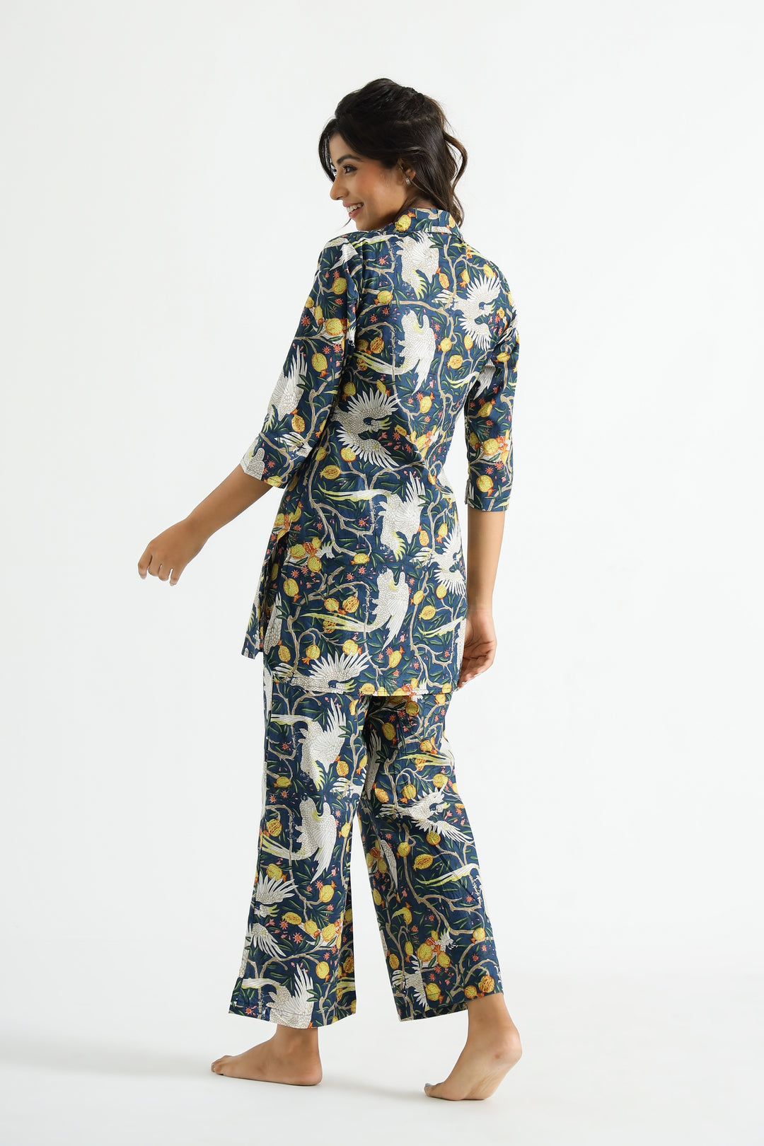Blue bird Collared Cotton Lounge Co-Ord Set with 3 button