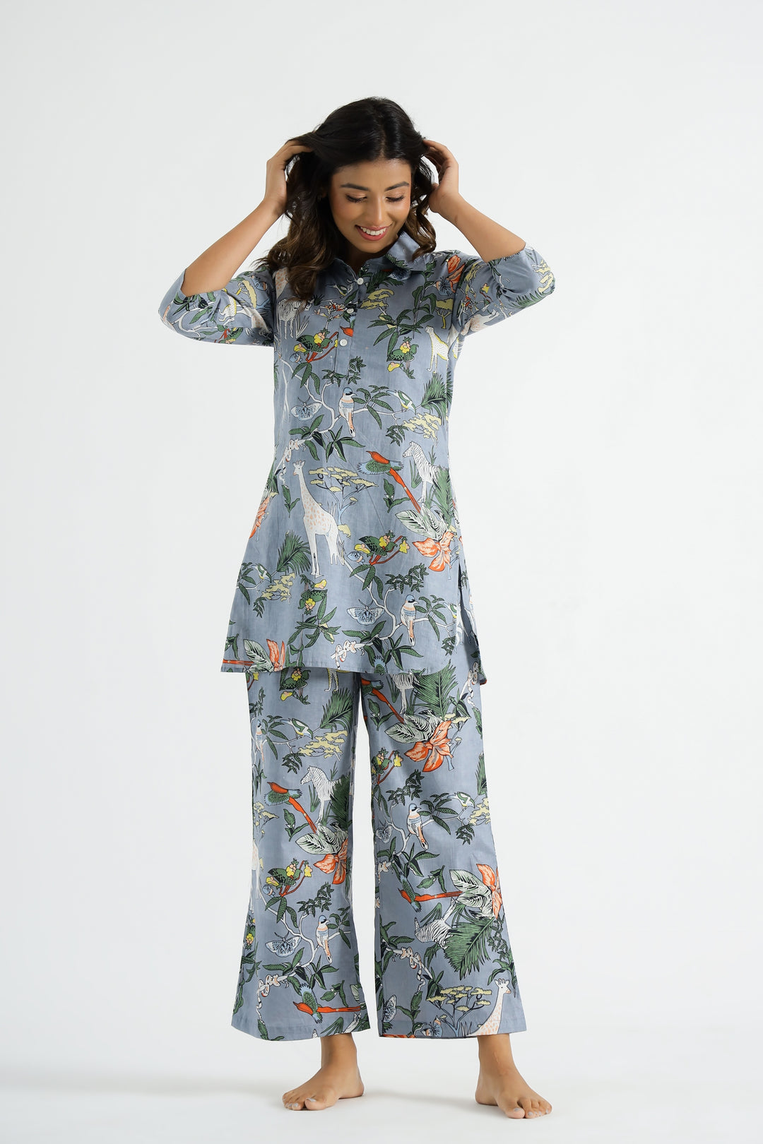 Grey Jungle Collared Cotton Lounge Co-Ord Set with 3 button