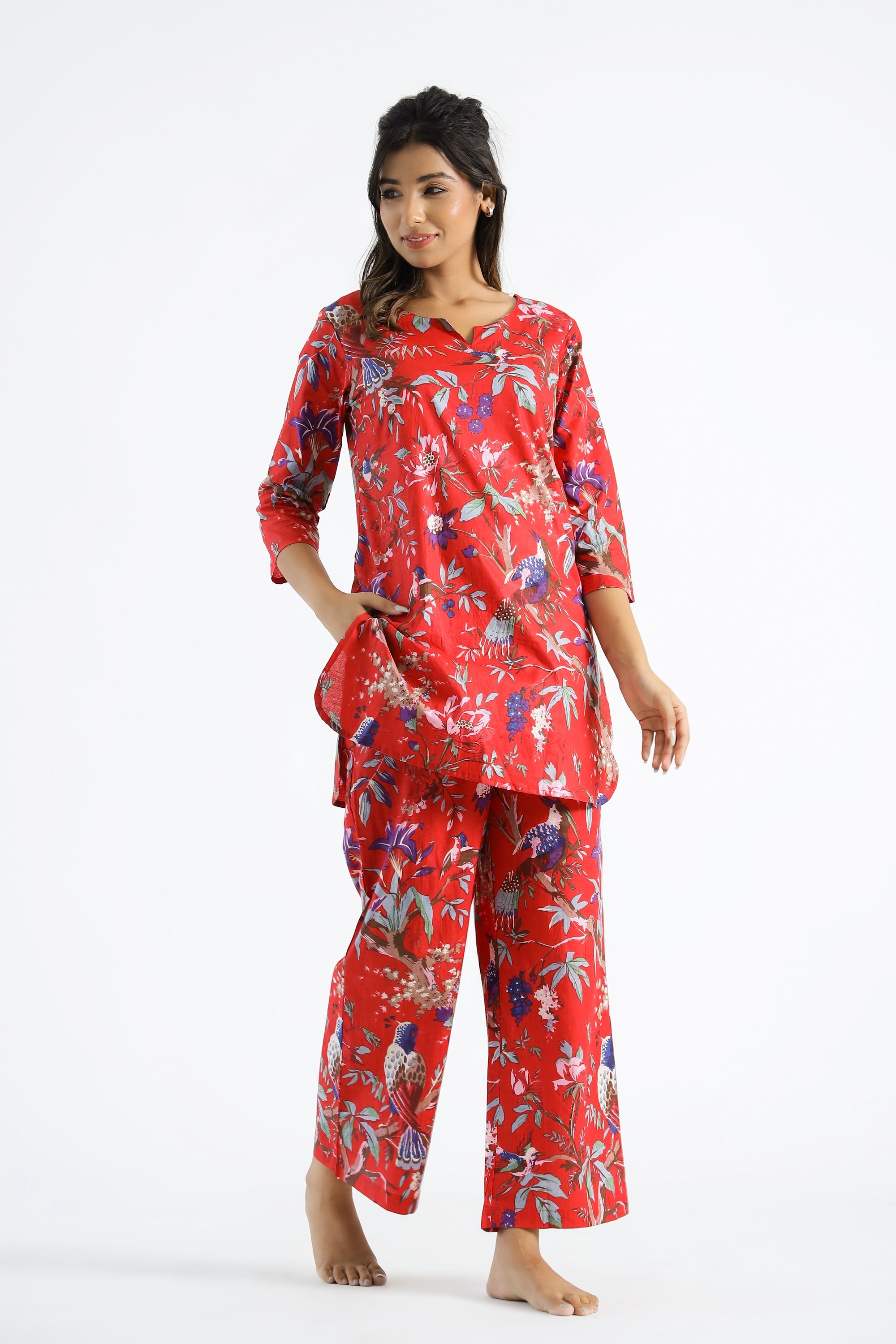 Red Chirping Birds Organic Printed Pure Cotton Loungewear Set