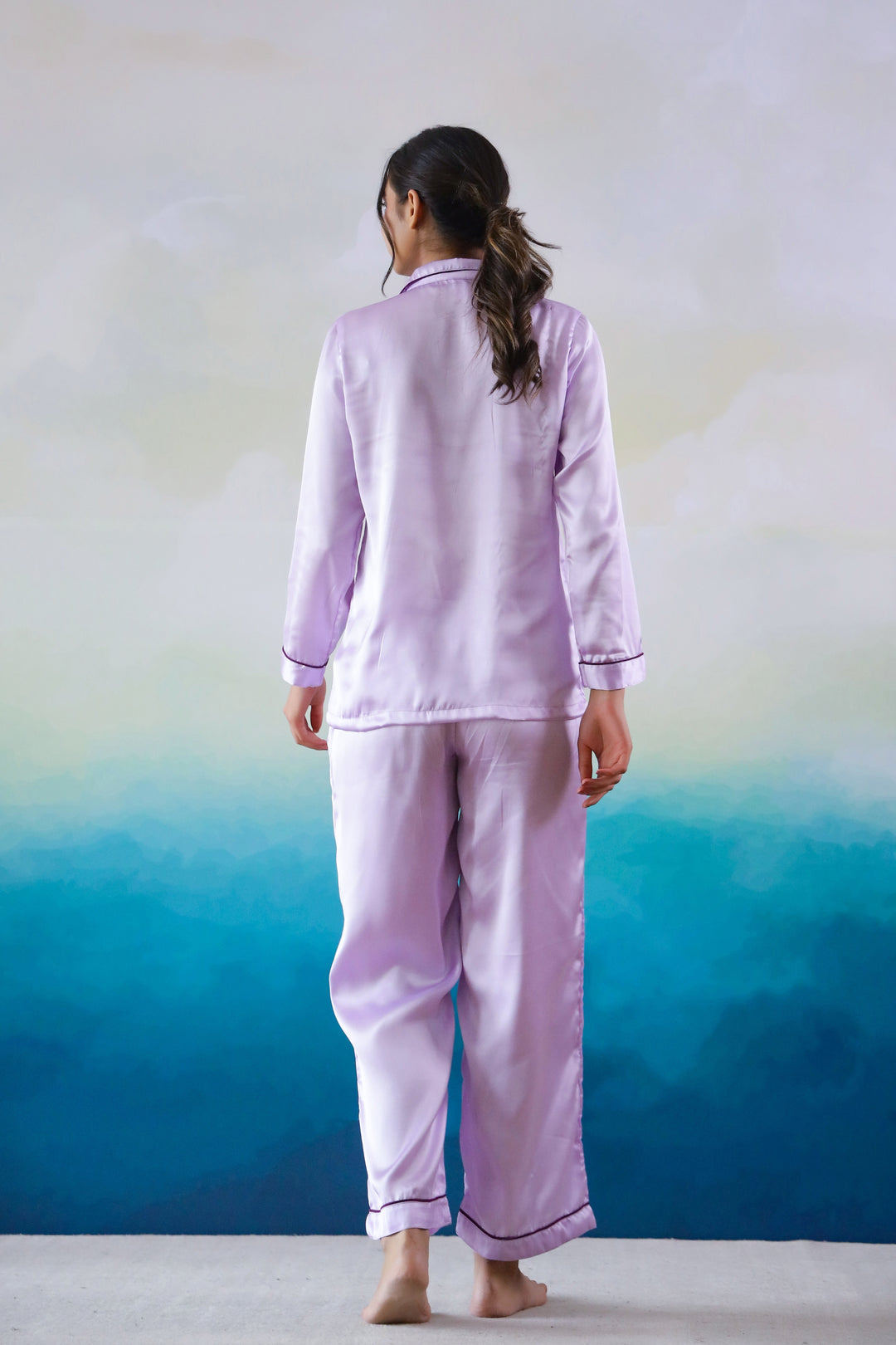 Lavender Satin Night Suit Button-Down Shirt Trousers