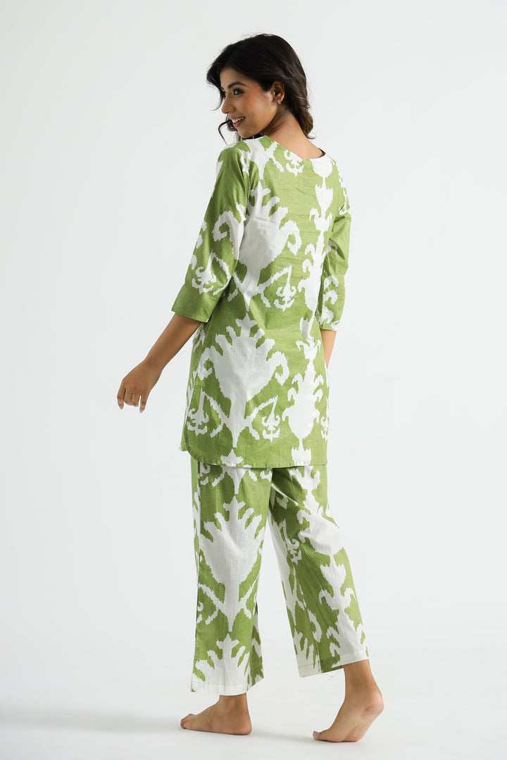 Green Motif Organic Printed Pure Cotton Pyjama Loungewear Set