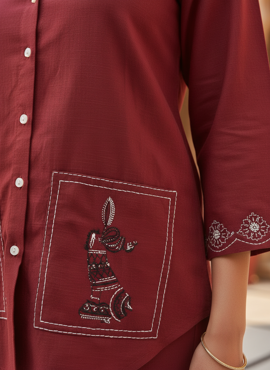 Modern Maroon Cotton Co-Ord Set for Women | Minimal Shirt Style Co-Ord Set