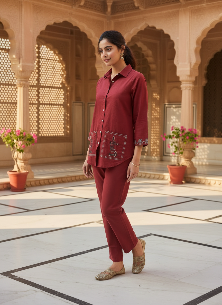 Modern Maroon Cotton Co-Ord Set for Women | Minimal Shirt Style Co-Ord Set
