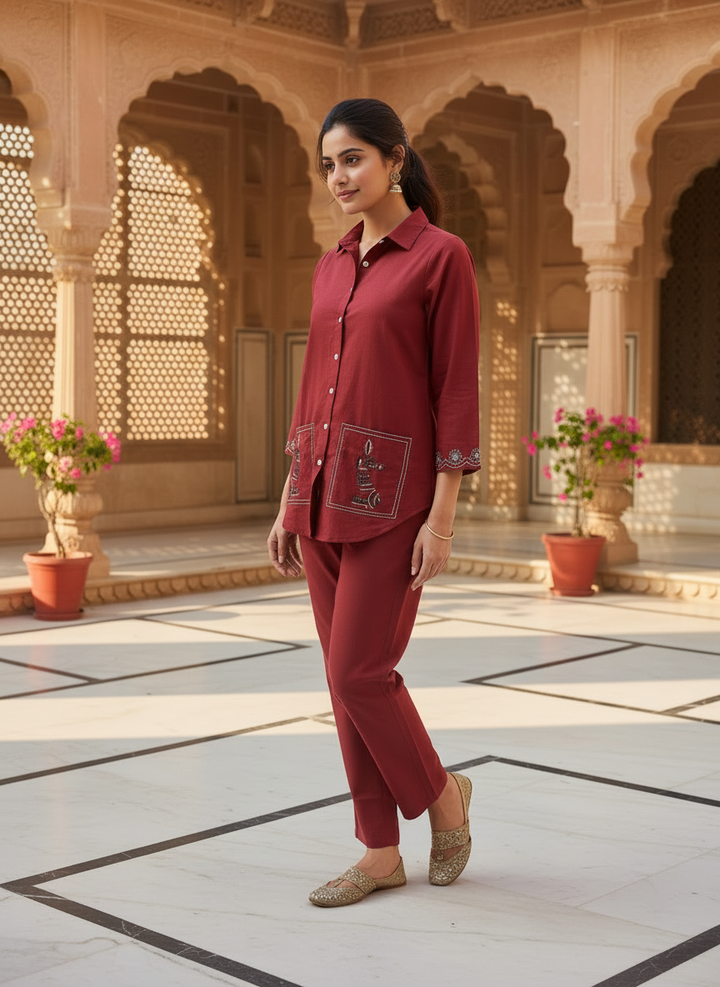 Modern Maroon Cotton Co-Ord Set for Women | Minimal Shirt Style Co-Ord Set