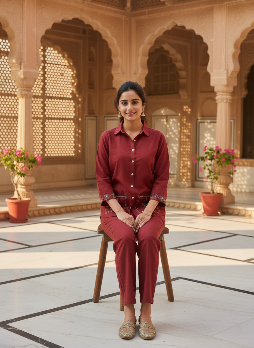 Modern Maroon Cotton Co-Ord Set for Women | Minimal Shirt Style Co-Ord Set