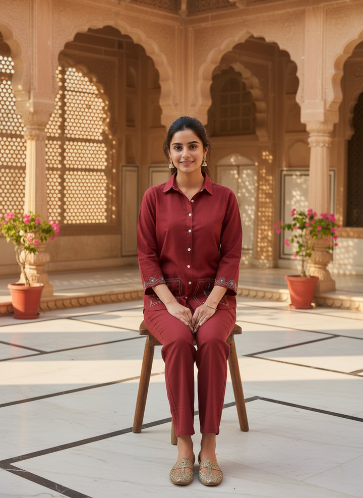 Modern Maroon Cotton Co-Ord Set for Women | Minimal Shirt Style Co-Ord Set