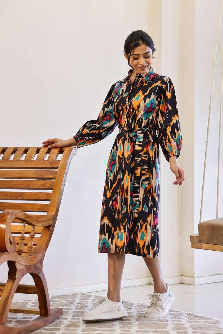 Trendy Multi Ikat Cotton Printed Belt Dress – Effortless Elegance