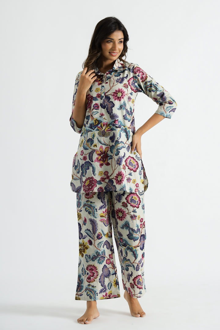 Floral Multicolor Collared Cotton Lounge Co-Ord Set with 3 button