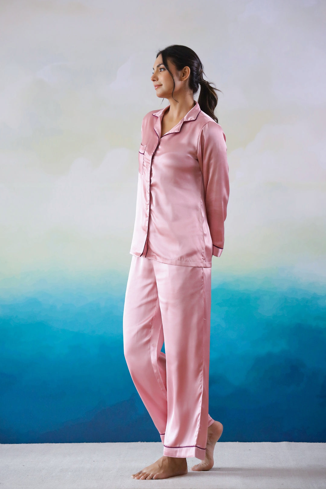 Pink Satin Night Suit Button-Down Shirt Trousers