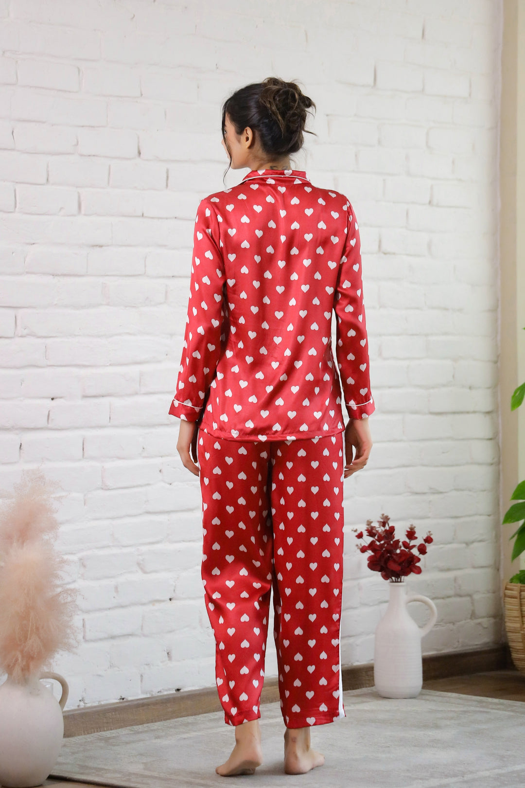 Red Heart Printed Satin Night Suit