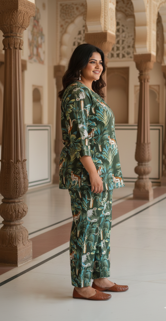 Plus Size Green Jungle Cotton Co-ord Set – Comfortable Everyday Wear for Women