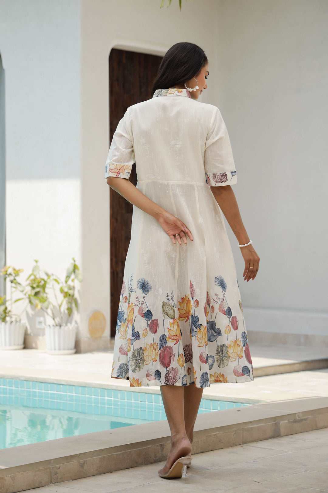 Women's White Floral Shirt Dress with Yellow & Blue Print – Midi Length