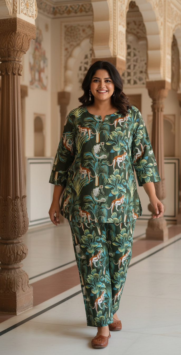 Plus Size Green Jungle Cotton Co-ord Set – Comfortable Everyday Wear for Women