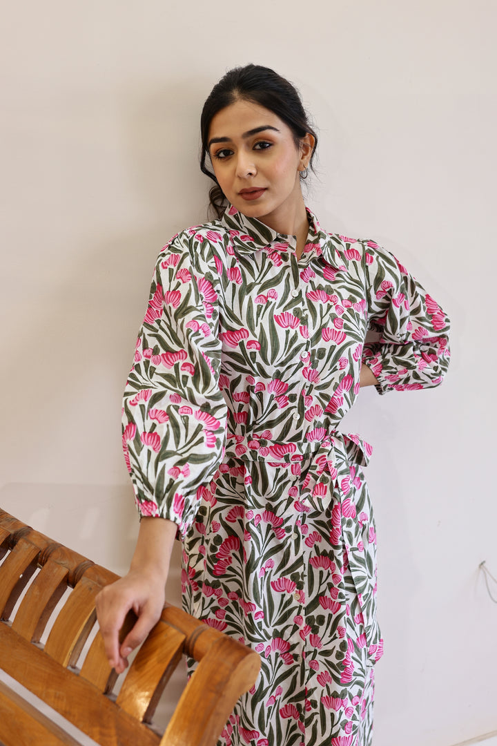 Lovely Flower Pink Cotton Printed Belt Dress – Spring Essential | Belt Dress | Shop stylish women's clothing online at Label Flavia |