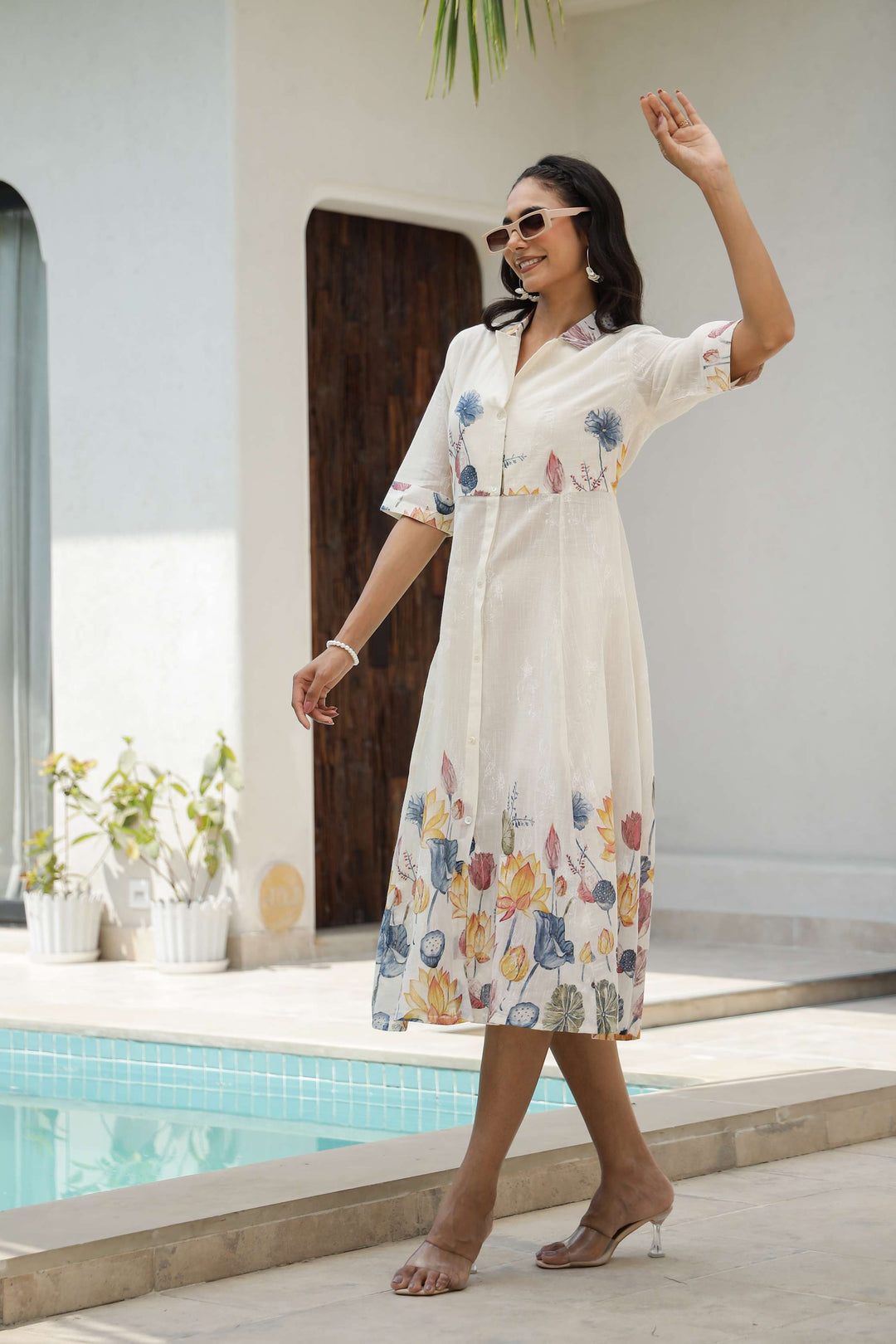 Women's White Floral Shirt Dress with Yellow & Blue Print – Midi Length