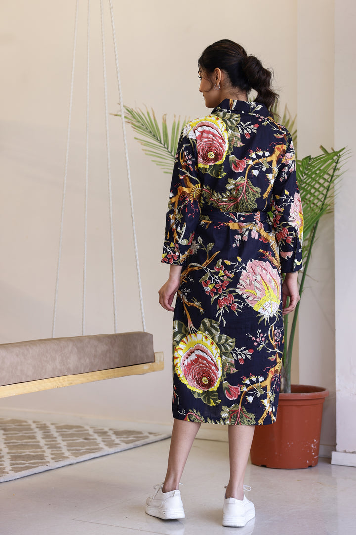 Charming Flower Cotton Printed Belt Dress – Perfect for Spring