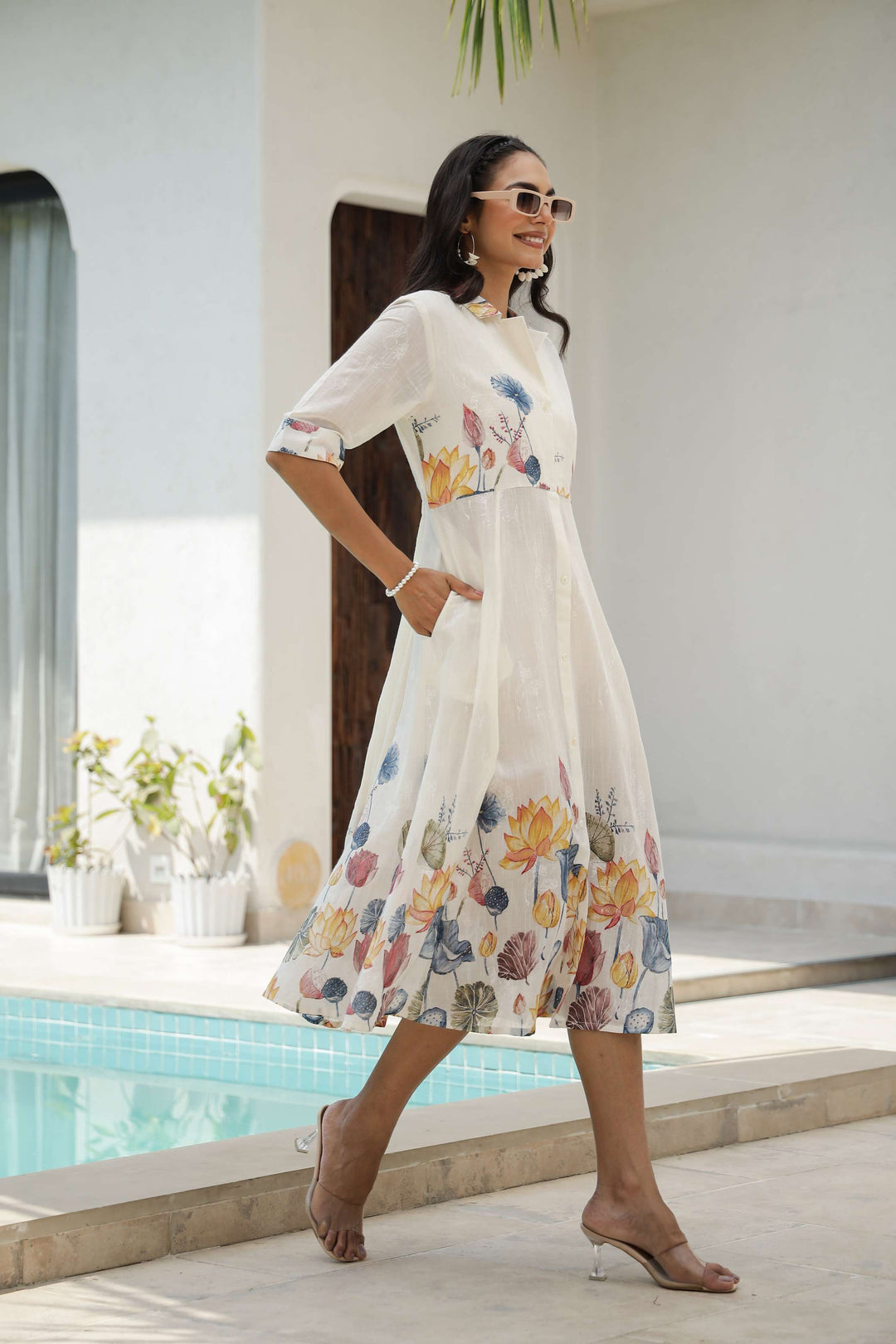 Women's White Floral Shirt Dress with Yellow & Blue Print – Midi Length