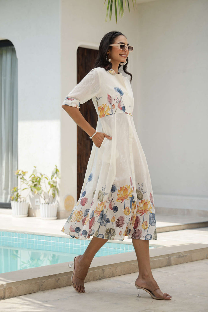 Women's White Floral Shirt Dress with Yellow & Blue Print – Midi Length