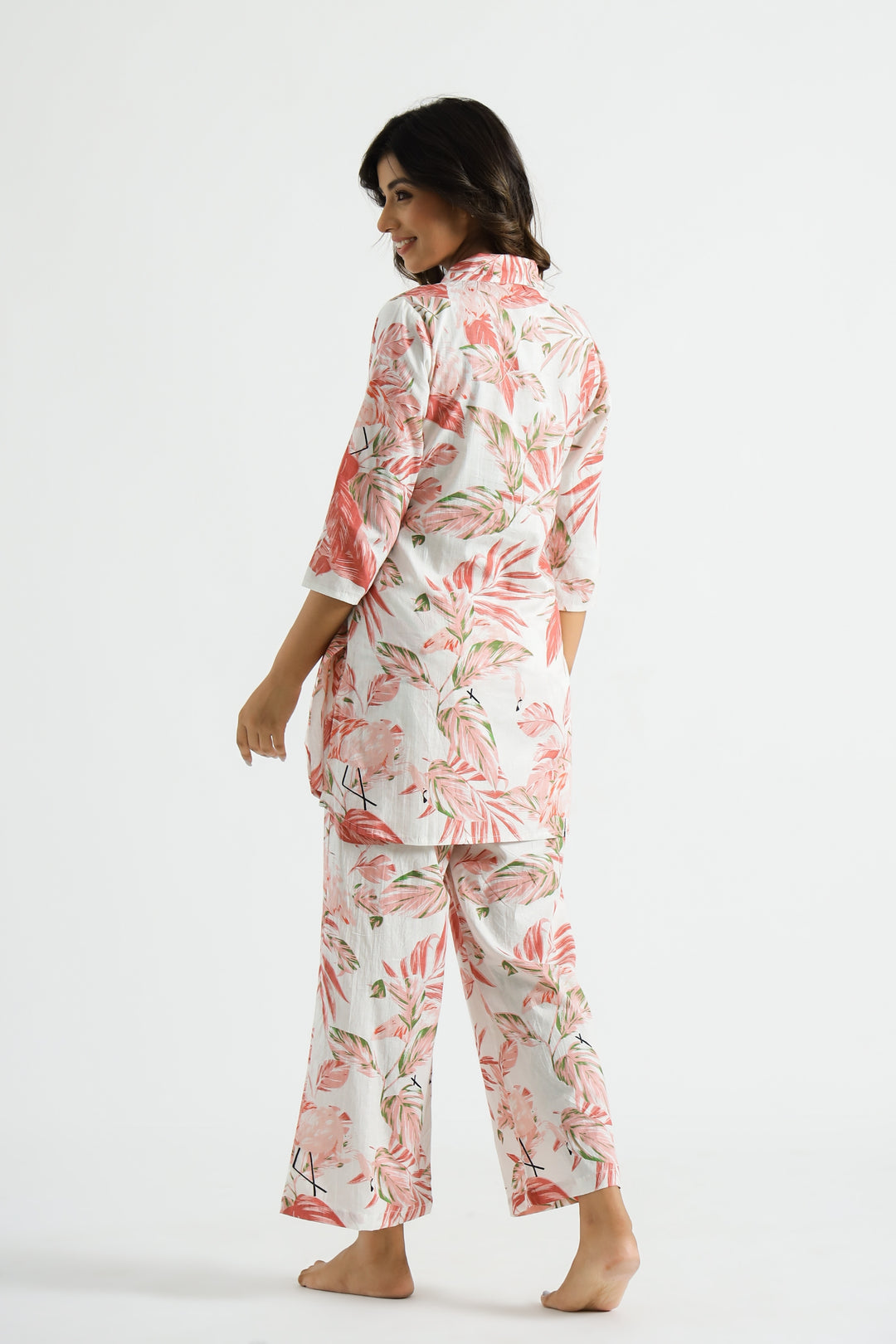 Pink Flamingo Collared Cotton Lounge Co-Ord Set with 7 button
