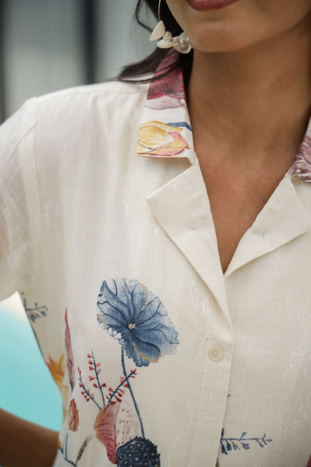 Women's White Floral Shirt Dress with Yellow & Blue Print – Midi Length