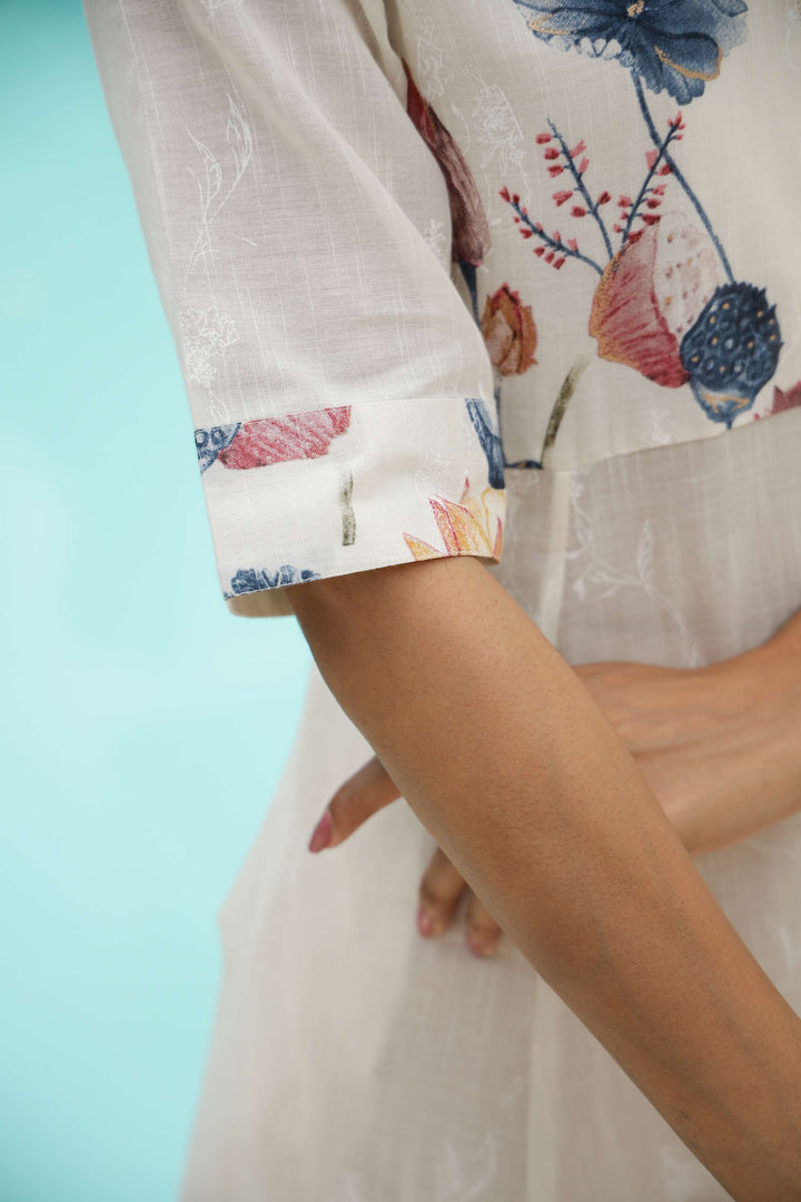 Women's White Floral Shirt Dress with Yellow & Blue Print – Midi Length