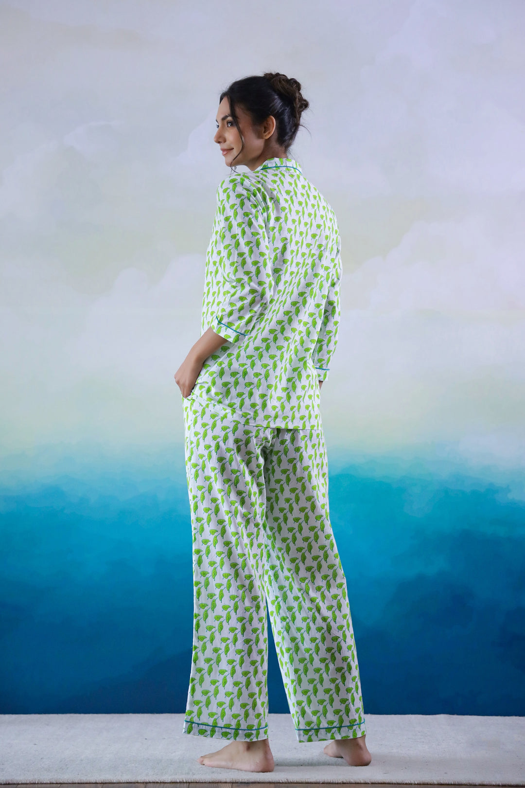Green Leaf Printed Cotton Night Suit