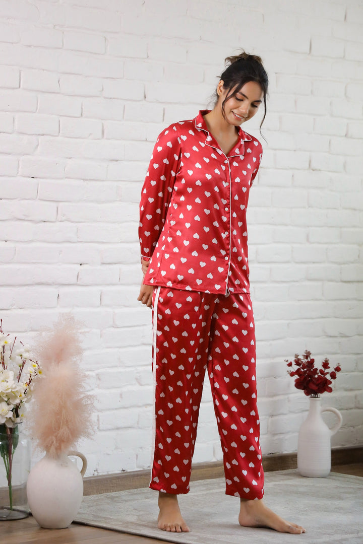 Red Heart Printed Satin Night Suit