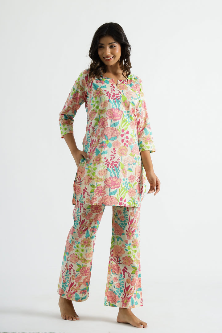 FLAVIA Women's  Organic Printed Pure Cotton Pyjama Top Night Suit Set-P1