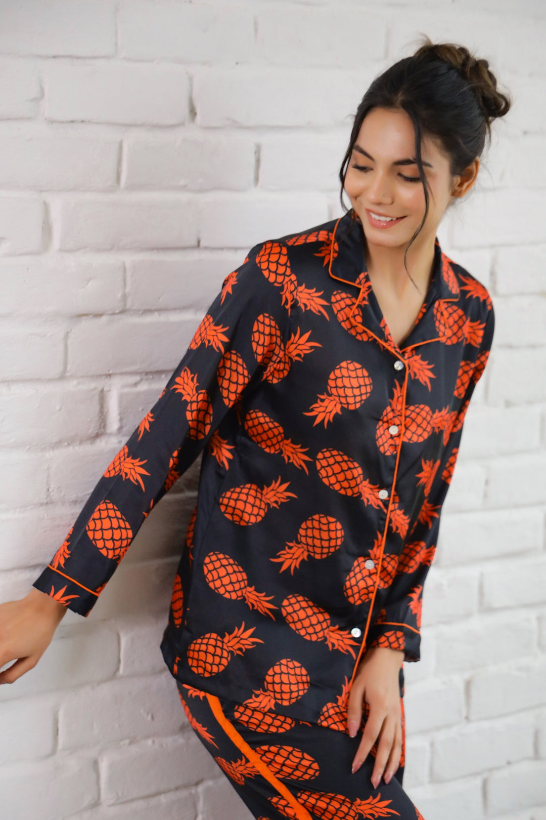 Pineapple Printed Satin Night Suit