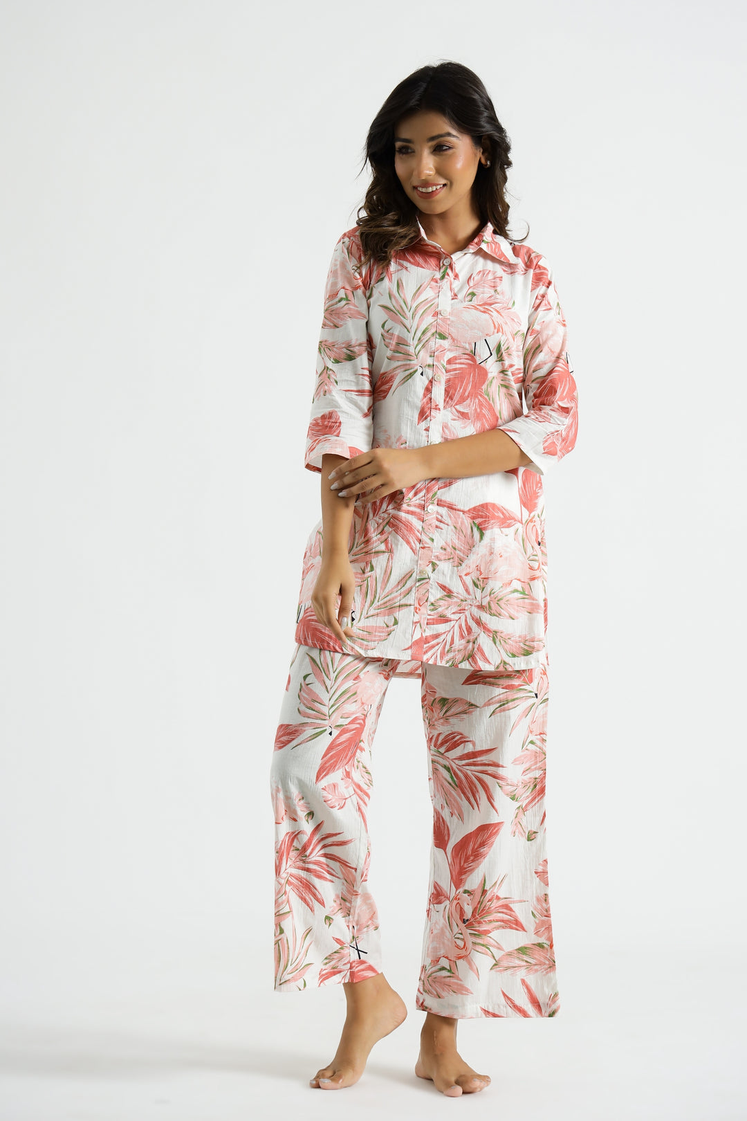 Pink Flamingo Collared Cotton Lounge Co-Ord Set with 7 button