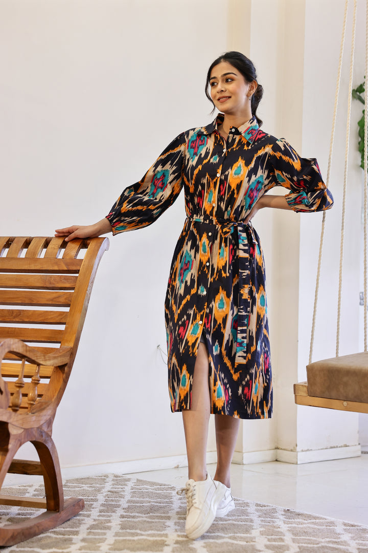 Trendy Multi Ikat Cotton Printed Belt Dress – Effortless Elegance