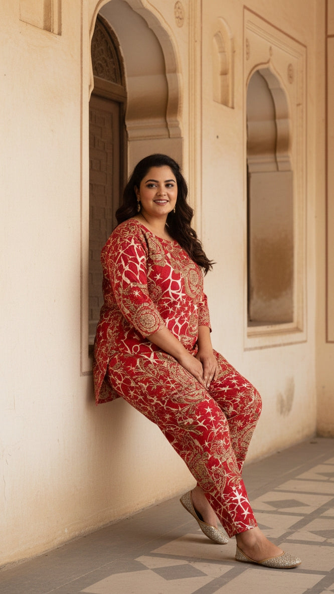 Plus Size Red Abstract Cotton Co-ord Set – Comfortable Everyday Wear for Women