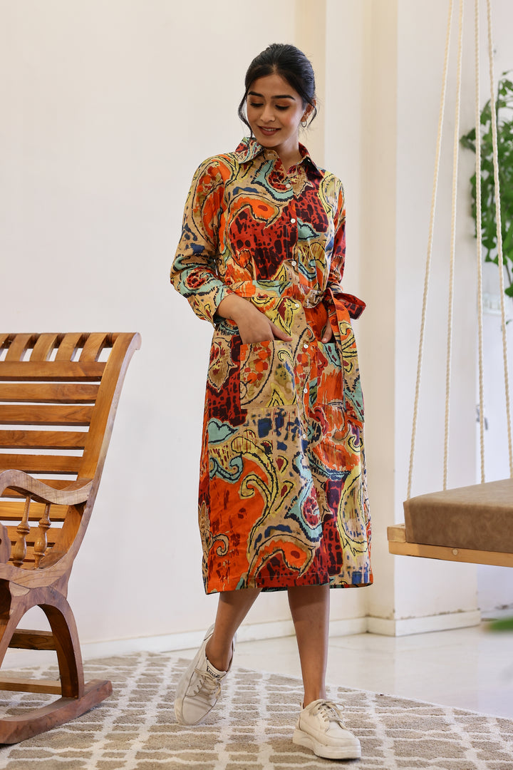 Trendy Multi-Color Cotton Printed Belt Dress – Must-Have Style