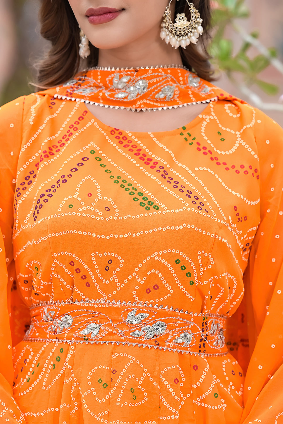 Traditional Bhandhej Style Anarkali kurta set Orange