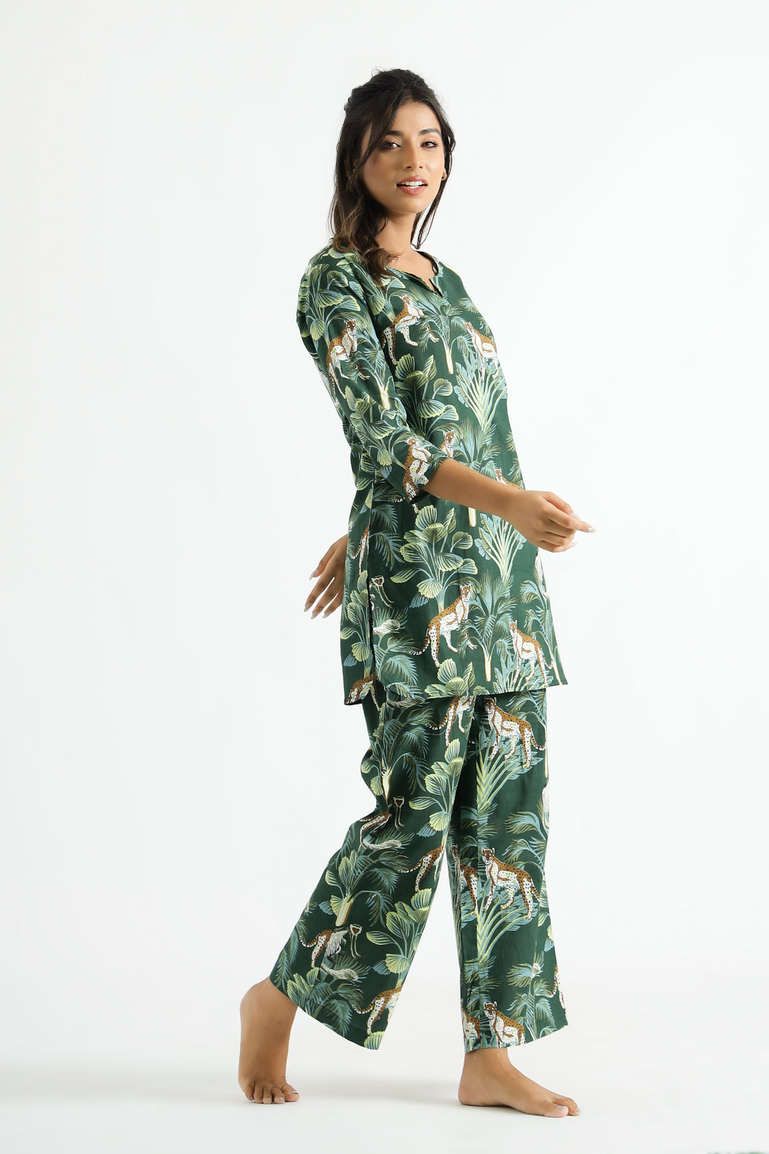 Leopard Green Organic Printed Pure Cotton Loungewear Set
