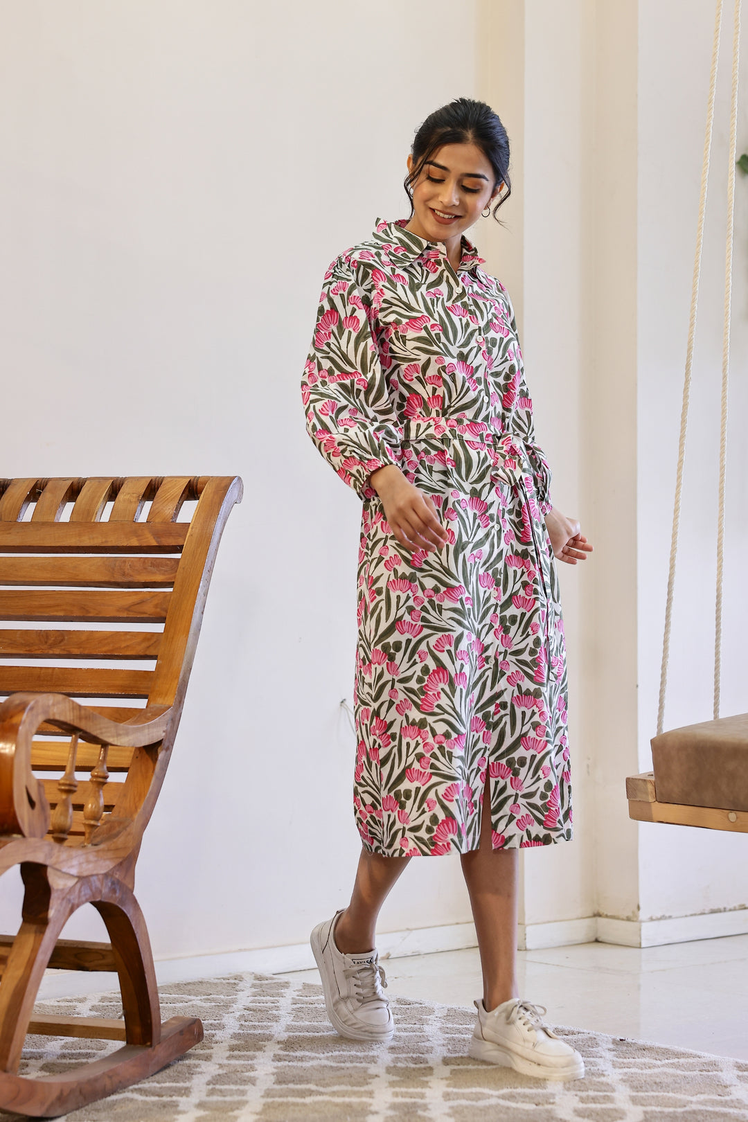 Lovely Flower Pink Cotton Printed Belt Dress – Spring Essential | Belt Dress | Shop stylish women's clothing online at Label Flavia |