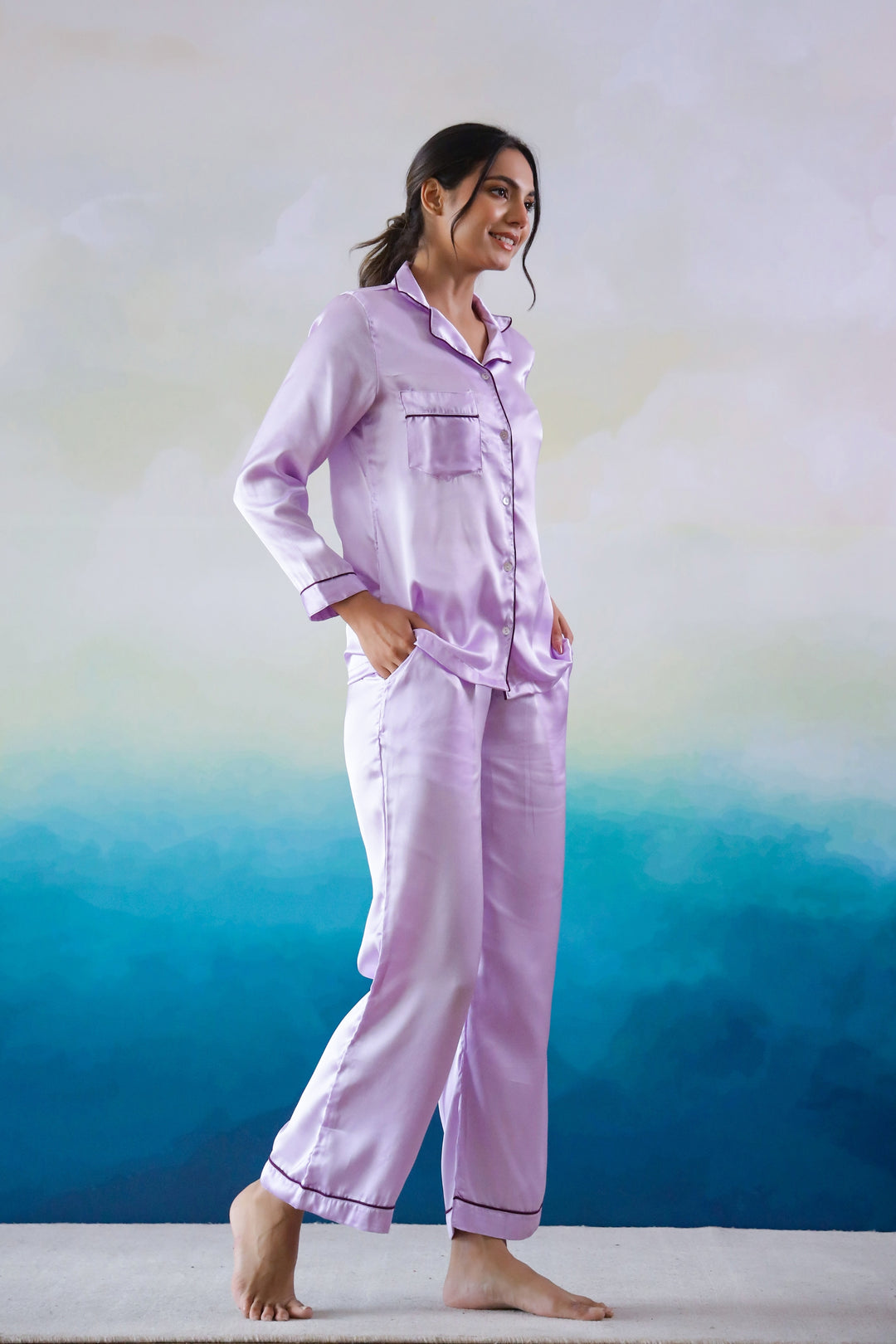 Lavender Satin Night Suit
