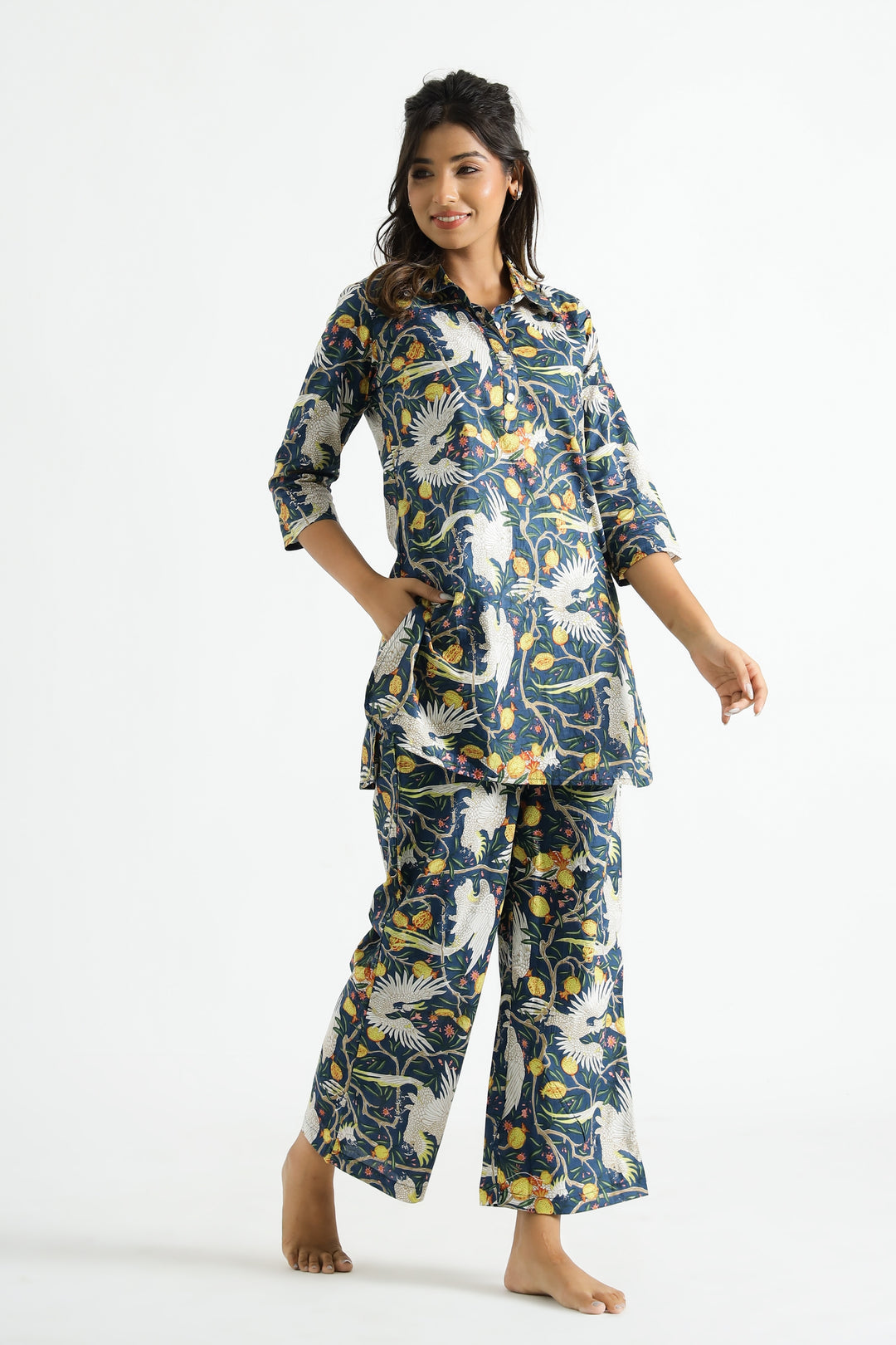 Blue bird Collared Cotton Lounge Co-Ord Set with 3 button