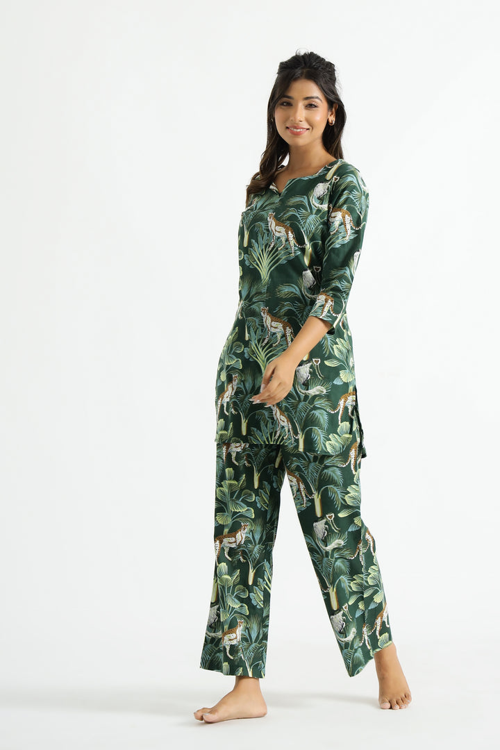 Leopard Green Organic Printed Pure Cotton Loungewear Set