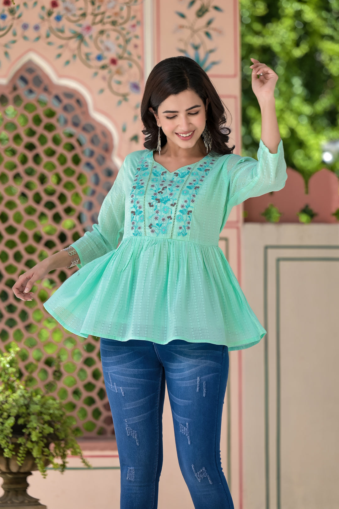 Cotton Embroidered short top Green