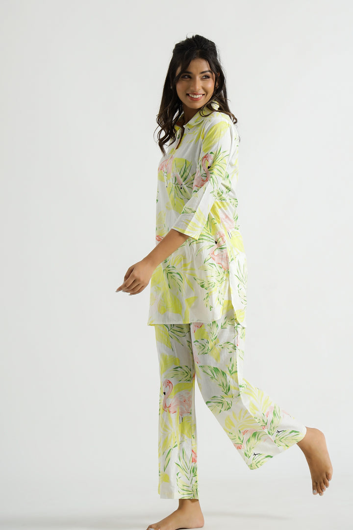 Lime Flamingo Collared Cotton Lounge Co-Ord Set with 3 button