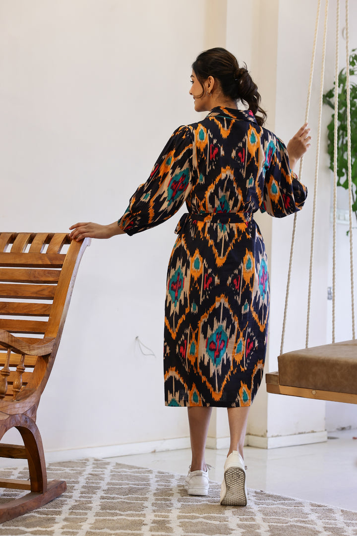 Trendy Multi Ikat Cotton Printed Belt Dress – Effortless Elegance