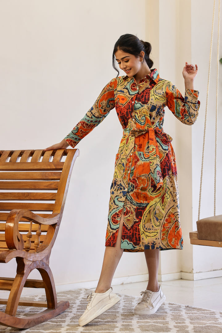 Trendy Multi-Color Cotton Printed Belt Dress – Must-Have Style