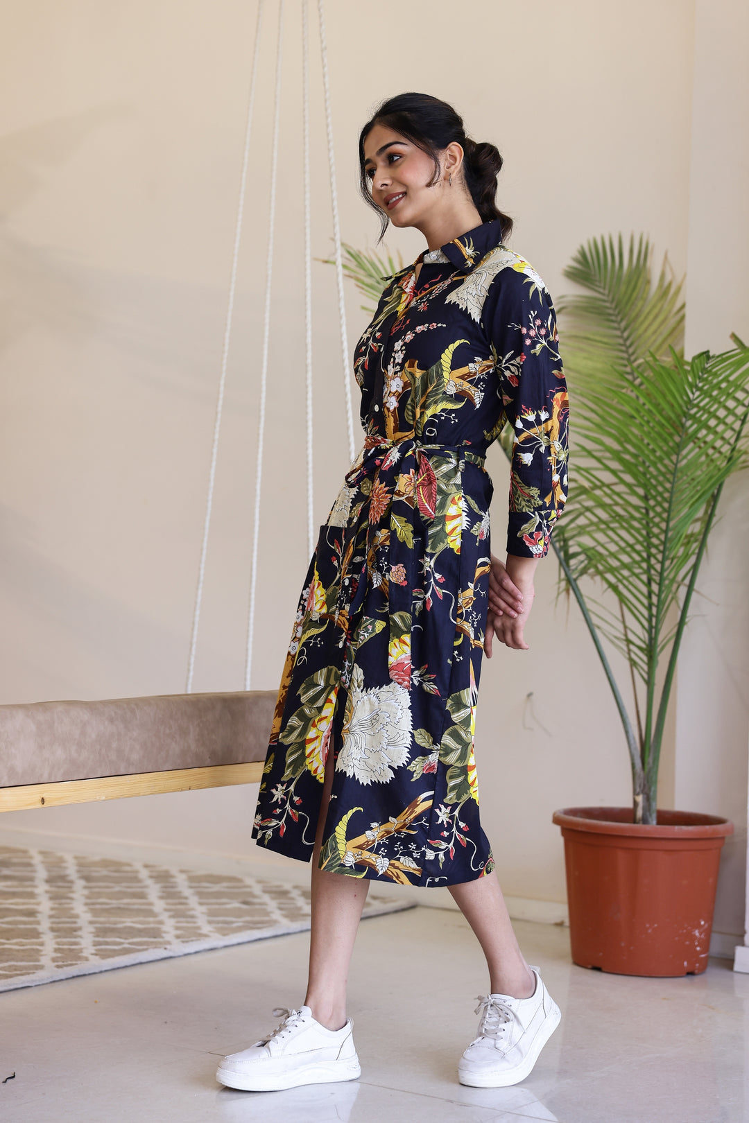 Charming Flower Cotton Printed Belt Dress – Perfect for Spring