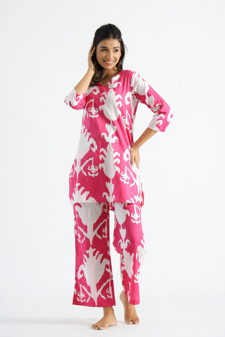 Pink Motif Organic Printed Pure Cotton Loungewear Set