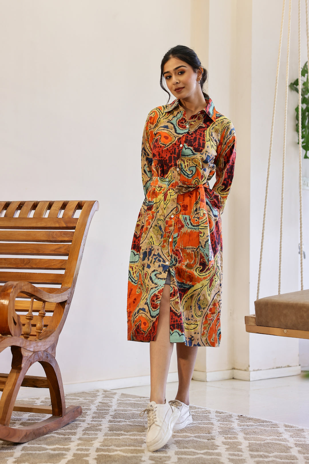 Trendy Multi-Color Cotton Printed Belt Dress – Must-Have Style