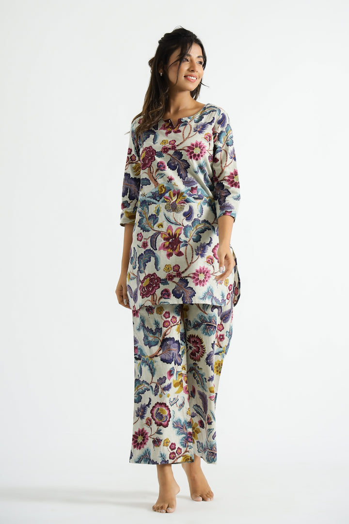 Floral Multicolor Organic Printed Pure Cotton Loungewear Set
