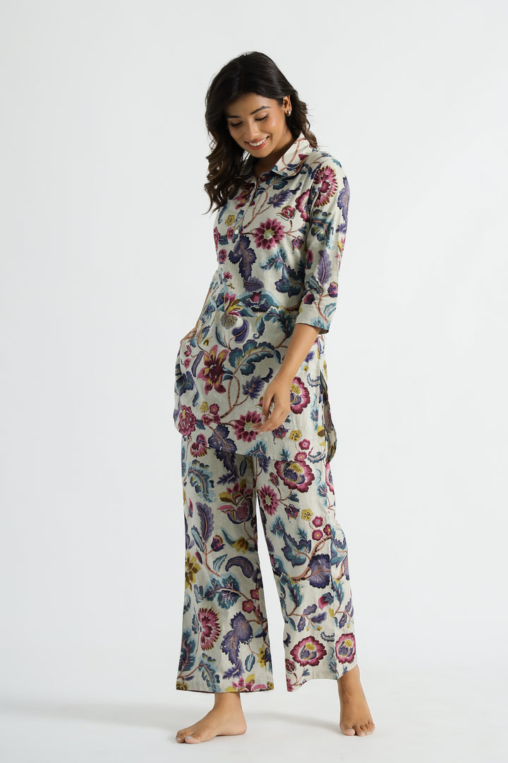 Floral Multicolor Collared Cotton Lounge Co-Ord Set with 3 button