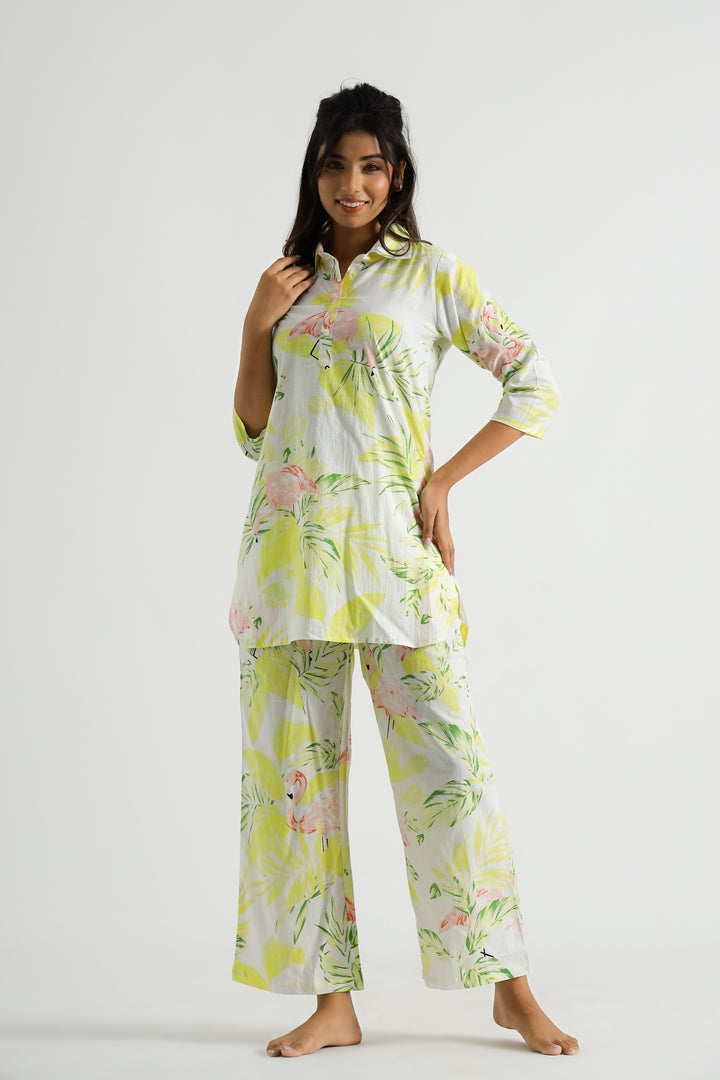 Lime Flamingo Collared Cotton Lounge Co-Ord Set with 3 button