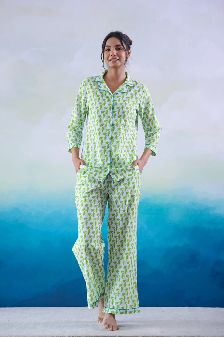 Green Leaf Printed Cotton Night Suit